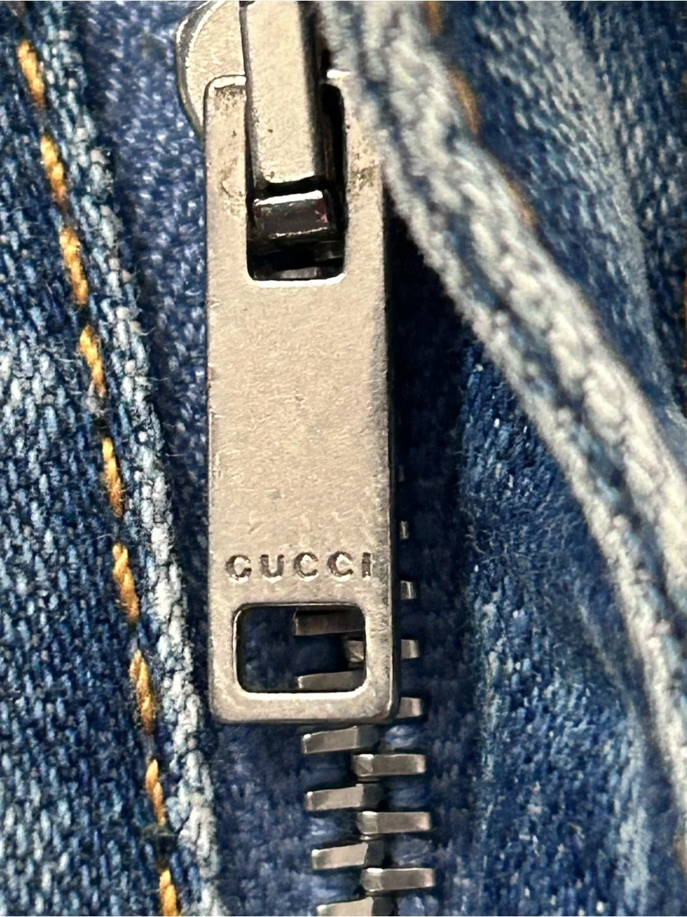 Gucci Light Blue Denim Jeans with Tan Leather Patch